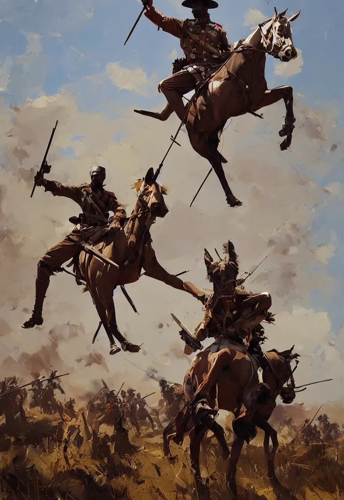 Image similar to ismail inceoglu painting of the zulu war, painting, art concept for a book cover, trending on artstation, by greg manchess and by craig mullins and by kilian eng and by jake parker