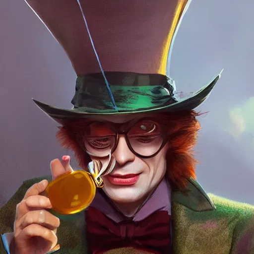 Prompt: the mad hatter, wearing shades, drinking tea, by Viktor Antonov,, greg rutkowski, fantasy, D&D, trending on artstation, smooth, sharp focus