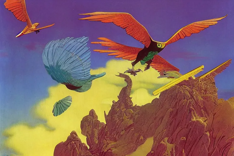 Image similar to colourful bird of prey flying over a tropical island, fluid, smooth, bright, colours, high contrast, sharpness, very detailed, intricate, by dali, magritte, edvard munch, da vinci, donato giancola, richard corben, zdzisław beksinski, moebius, francis bacon, studio ghibli, mucha and studio disney