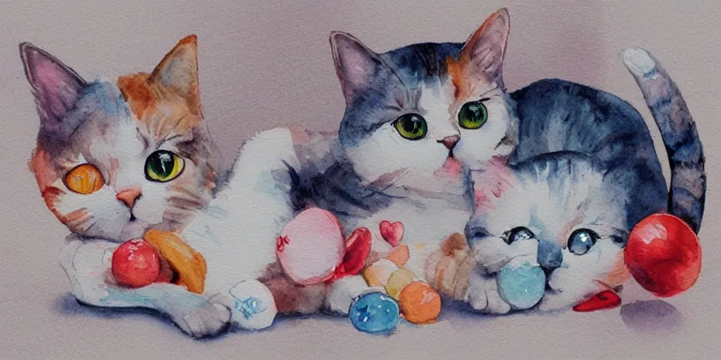 Image similar to watercolor illustration style, cute! cats!!! select different toys, inspiring art