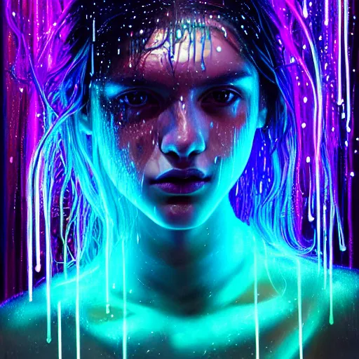 Image similar to portrait of a girl in the glowing neon rain with wet hair and face, fantasy, intricate, elegant, dramatic lighting, emotionally evoking symbolic metaphor, highly detailed, lifelike, photorealistic, digital painting, artstation, concept art, smooth, sharp focus, illustration, art by John Collier and Albert Aublet and Krenz Cushart and Artem Demura and Alphonse Mucha