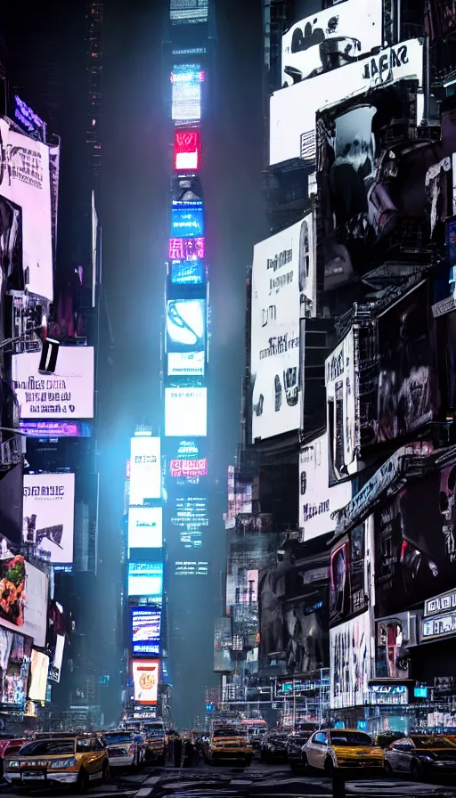 Prompt: 8k high resolution photograph of cyber punk New York Times Square on a foggy night, futuristic, wires hanging