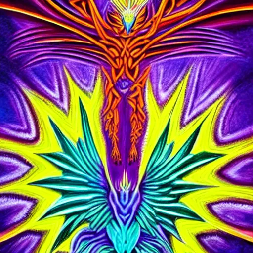 Prompt: an alex grey style painting of a purple phoenix