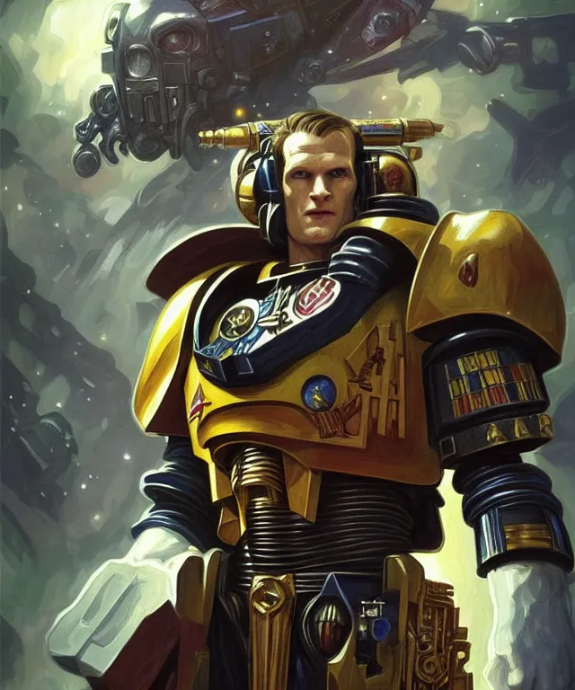 Prompt: Matt Smith Doctor Who as Warhammer 40k Space Marine, portrait, fantasy, intricate, elegant, highly detailed, digital painting, artstation, concept art, smooth, sharp focus, illustration, art by artgerm and greg rutkowski and alphonse mucha