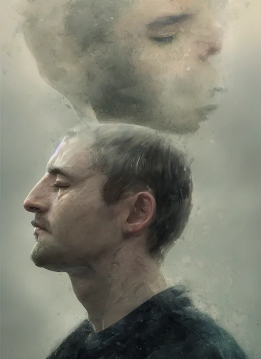 Image similar to a profile portrait of a man, face being ripped in two, particulates, motion blur, digital art, highly detailed, by alyssa monks and charlie bowater