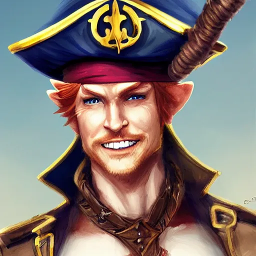 Image similar to dashing charming ginger grinning charismatic elf male rogue, wearing pirate captain's tricorne hat, naval background, amazing, trending on art station, artgerm, Greg rutkowski