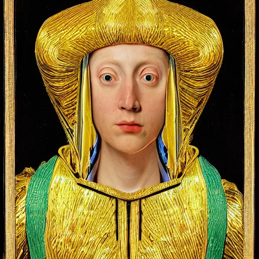 Image similar to a portrait of a shiny metallic renaissance robot, in the style of Jan van Eyck,