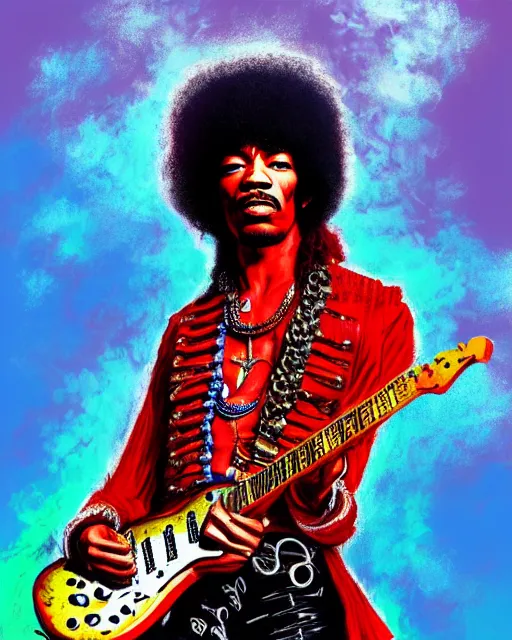 Image similar to highly detailed medium shot of jimi hendrix, dressed in red clothes, full face view, on a battlefield, holding a guitar gun, hyper realistic, psychedelic, illustration, digital paint, matte paint, vivid colors, detailed and intricate environment