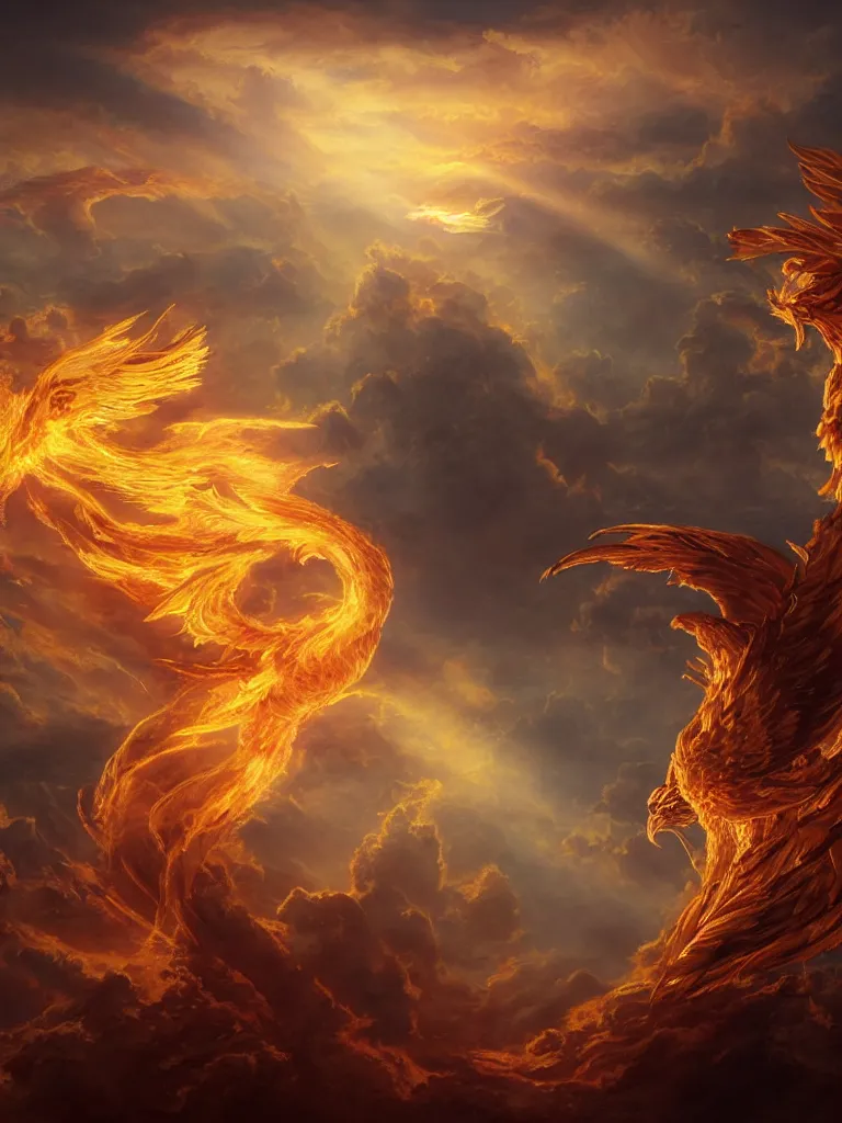 Image similar to A golden fire-burning phoenix flying in the clouds, A beam of holy light hits the phoenix，fantasy matte painting，rich colors, high details，Flame effect，light effect，by Fenghua Zhong and Jonas De Ro and John Pitre，trending on cgsociety and artstation，8kHDR，unreal engine， Houdini particle effects，