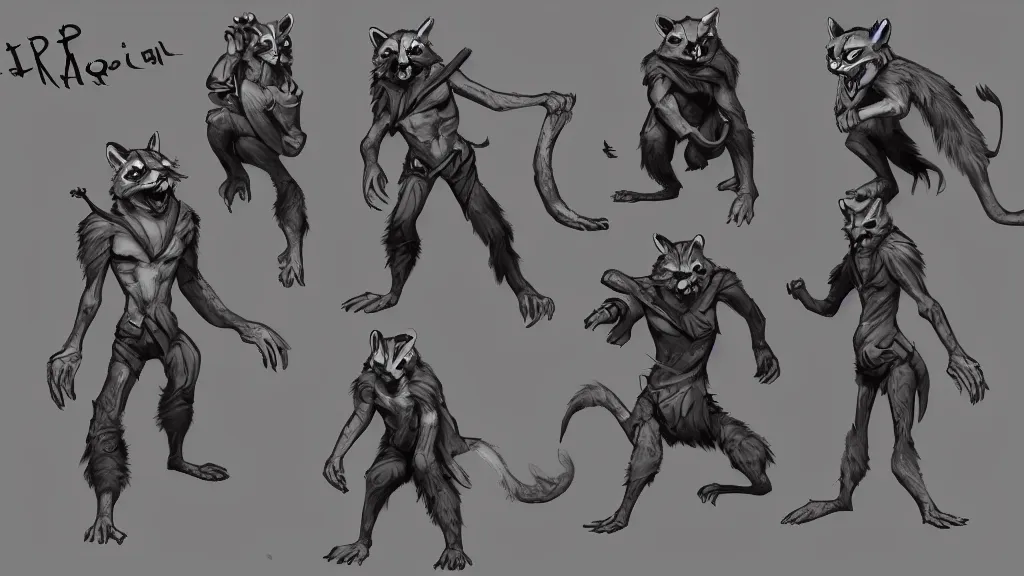 Image similar to a fantasy racoon thief creature design sheet, trending on artstation