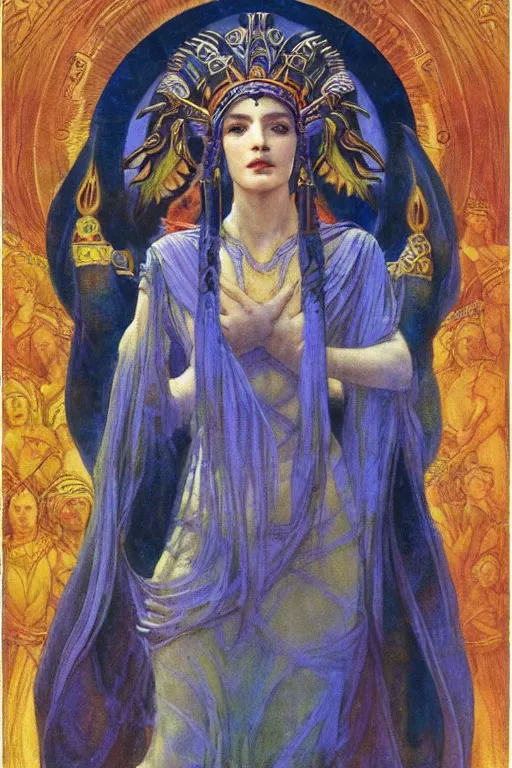 Prompt: goddess of the lost city with her regalia, by Annie Swynnerton and Nicholas Roerich and jean delville, dramatic cinematic lighting , ornate headdress , flowing robes, lost civilizations, extremely detailed