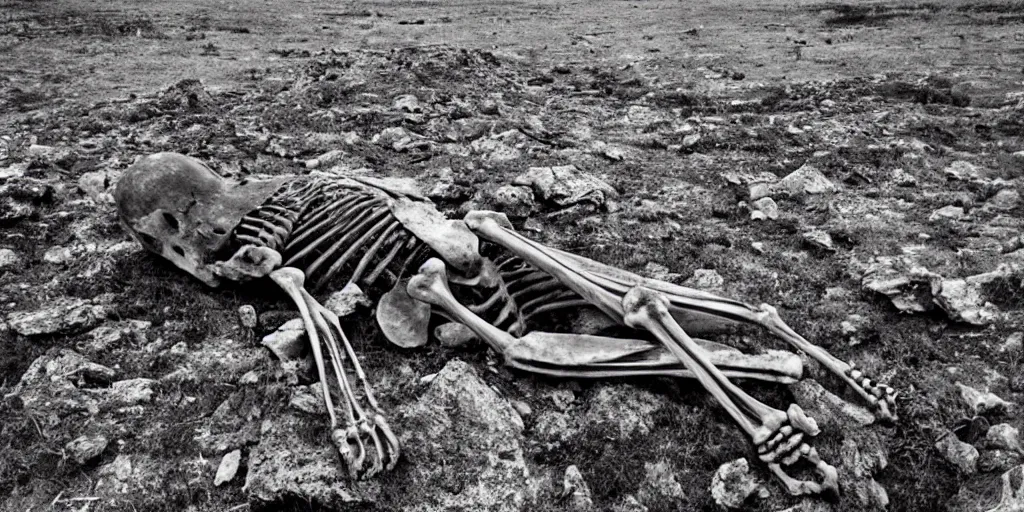 Prompt: “ remnants of a skeleton in foreground wearing tattered 1 8 0 0 s navy uniform lying on rocky and barren ground, boots, no trees or grass, background stretches into horizon, slightly rolling terrain ”