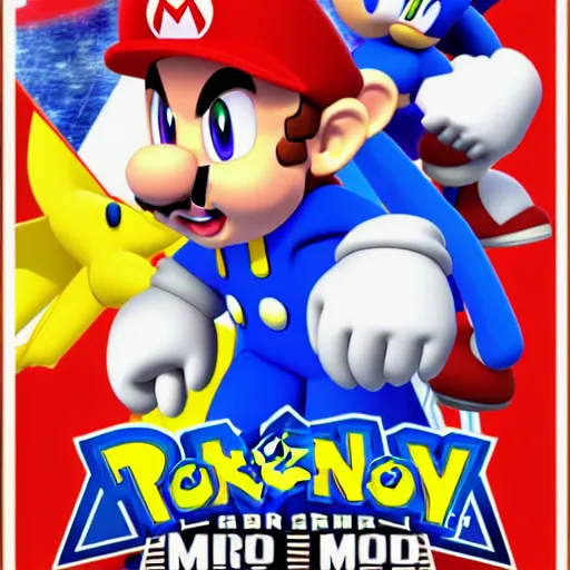 Image similar to super mario, kirby, sonic the hedgehog, super smash bros, star wars themed movie poster high detail accurate eyes and good gesture poses, pokemon anime cartoon style