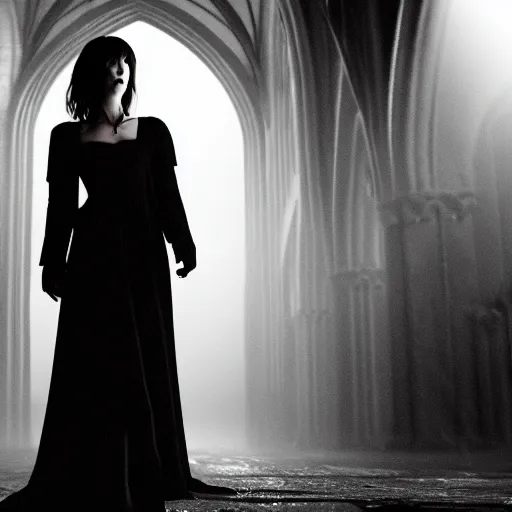 Image similar to intense medium shot of mary elizabeth winstead as a vampire in a gothic cathedral at night, gloomy, cinematic, ground mist, volumetric light.