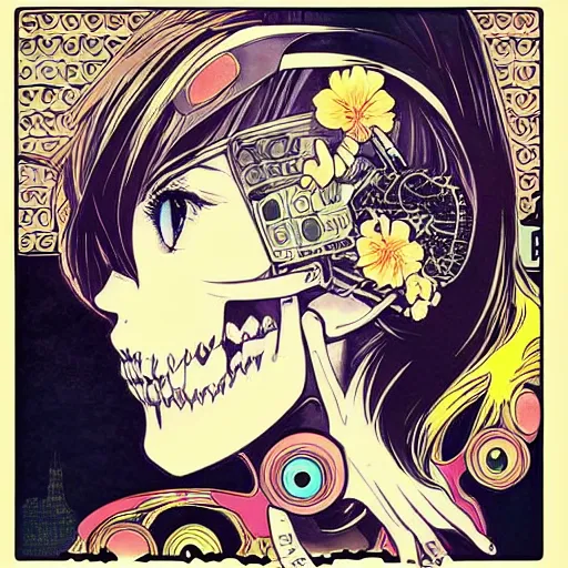 Image similar to anime manga skull portrait girl female profile skeleton astronaut illustration 80s art frank miller dirko and alphonse mucha pop art nouveau