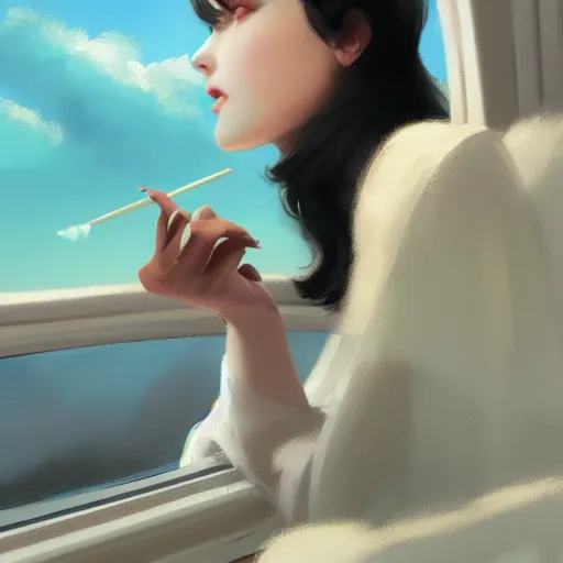 Image similar to a beautiful dark - haired girl smoking while looking out of an aeroplane window highly detailed, digital painting, artstation, concept art, sharp focus, illustration, art by wlop, mars ravelo and greg rutkowski hq