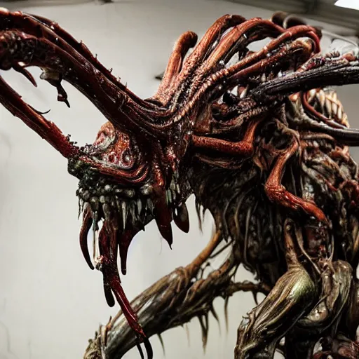 Image similar to photo taken of an epic intricate, ultra detailed, super realistic gritty, hero prop, exquisitely painted animatronic movie prop of a grotesque wet, slimy nightmarish hellish alien creature displayed in the workshop, created by weta workshop, full body shot, photorealistic, sharp focus