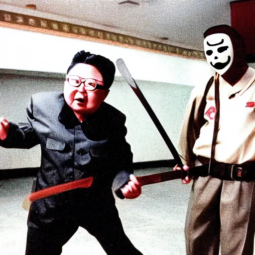 Image similar to a still of Kim Jong-il as Jason Voorhees, north Korean slasher, iconic hockey mask, machete, 35mm film