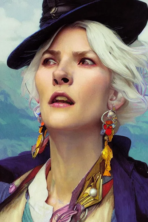 Prompt: close-up Howl from Howl's Moving Castle with white hair, pearl earrings, colourful clothes, fantasy, portrait, highly detailed, digital painting, artstation, concept art, sharp focus, illustration, art by greg rutkowski and alphonse mucha, oil painting by John Ward, by Arthur Walker, by Vermeer,