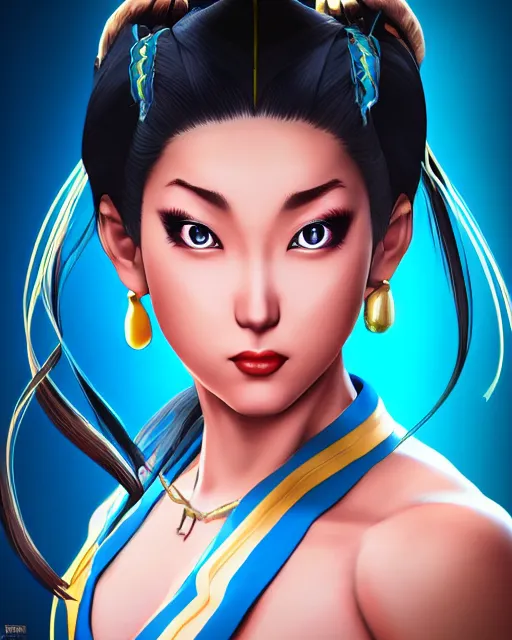 Image similar to Beautiful portrait of Chun-Li from Street Fighter 2. Trending on artstation. Digital render by Yury Kantsevich.