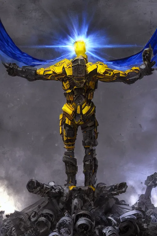 Prompt: A distant view shot from behind of a super soldier with blue and yellow wings while he is standing on a huge pile of skulls in triumph after the war, head is up, flag in hands up, dark atmosphere, nuclear war, bright rays of light, beams of light, intricate, volumetric lighting, volumetric lights, highly detailed, smooth, artstation, concept art, сinematic lighting, insanely detailed, smooth, sharp focus, Artstation, 8k, unreal engine, hyper realistic, steampunk style, bright background, moonlight, volumetric lighting, wallpaper, digital illustration by Ruan Jia and Mandy Jurgens and Artgerm and Wayne Barlowe and Greg Rutkowski and Frank Frazetta