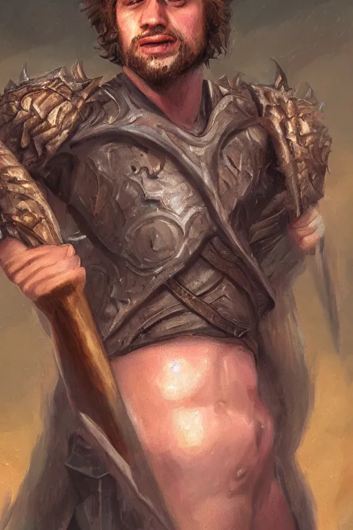 Prompt: a full body high detail fantasy portrait oil painting illustration of rob roflgator maleki by justin sweet with face and body clearly visible, in a scenic background, pretty eyes, realistic proportions, d & d, rpg, forgotten realms, artstation trending, high quality, sombre mood, artstation trending, muted colours, entire person visible!