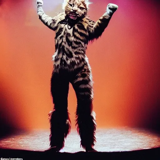 Prompt: 📷 john partridge playing rum tum tugger, spike collar, fluffy neck, cats the musical 🎶, 1 9 9 8 version, professional cat - like makeup, stunning choreography and lighting