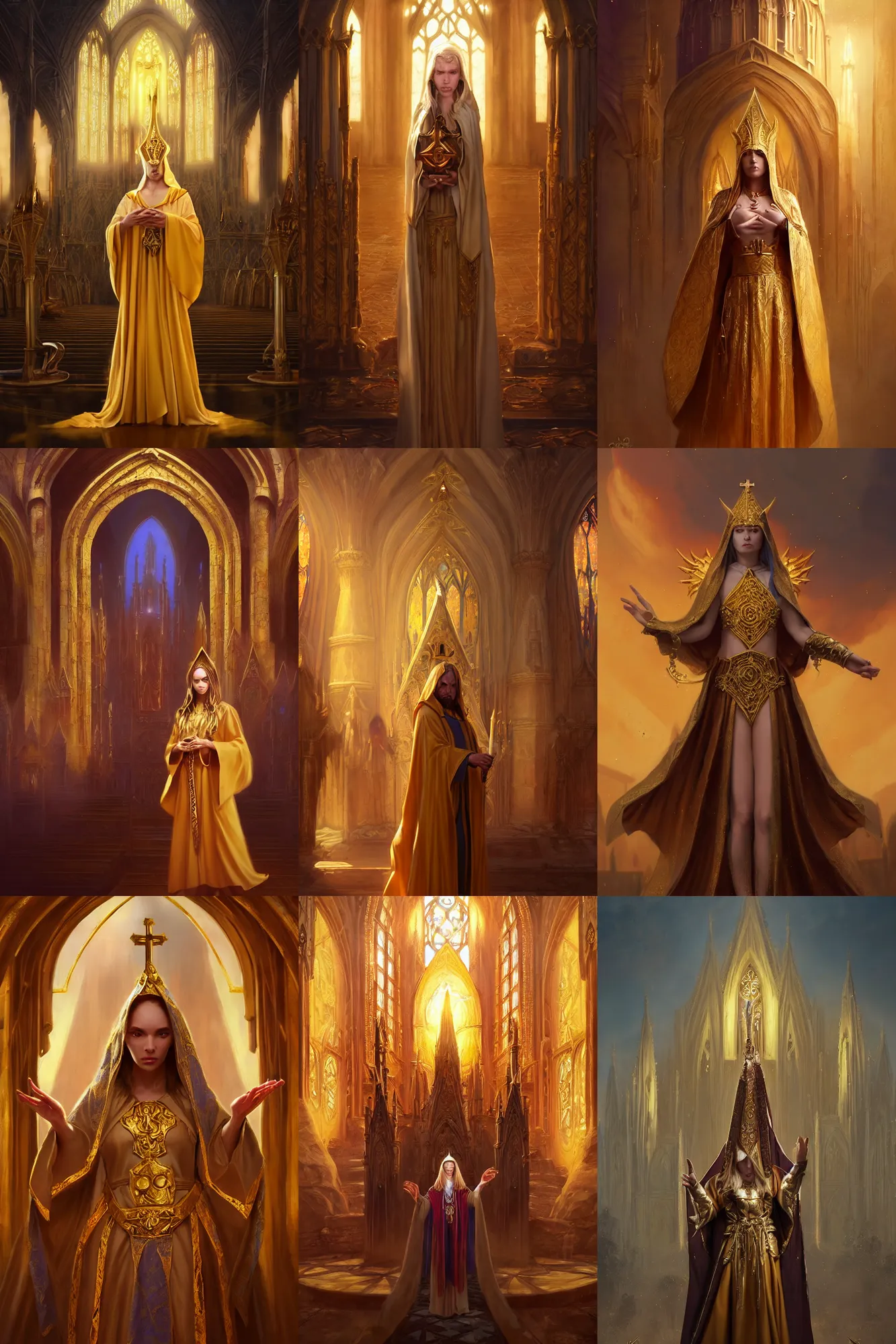 Prompt: Priestess, golden robes, accessories, beautiful, holy magic, casting, church background, high fantasy, dnd, d&d, detailed, derriere, face focus!, matte painting, by Genzoman, greg rutkowski, WLOP and Andrei Riabovitchev, trending on Artstation, artstationHD, artstationHQ, deviantart