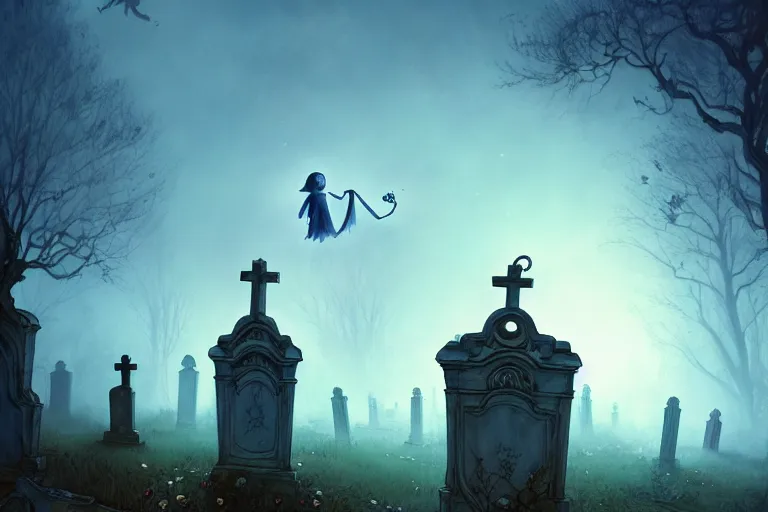 Image similar to casper the friendly ghost flying over a graveyard at midnight, many other ghosts living in a haunted tree, haunted house in the background, cinestill, painted by james jean and gaston bussiere, very detailed and cute and cozy and transparent, backlight, fog, mist, trending on artstation