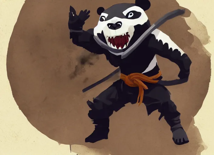 Image similar to extremely scary angry tough rough looking ninja panda. japanese ninja warrior character, scary, gruffness, interesting 3 d character concept by square enix, in the style of league of legends, hyper detailed, cinematic, final fantasy, character concept, ray tracing, fur details, maya, c 4 d, artstation