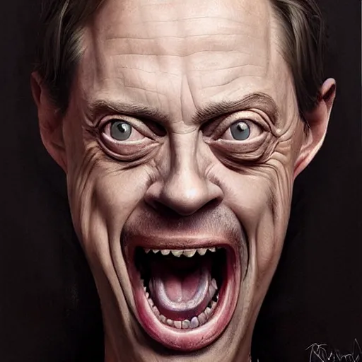 Image similar to hyper realistic absurd, silly, making insane faces, steve buscemi riding a tiny tricycle, painted by greg rutkowski, wlop, artgerm