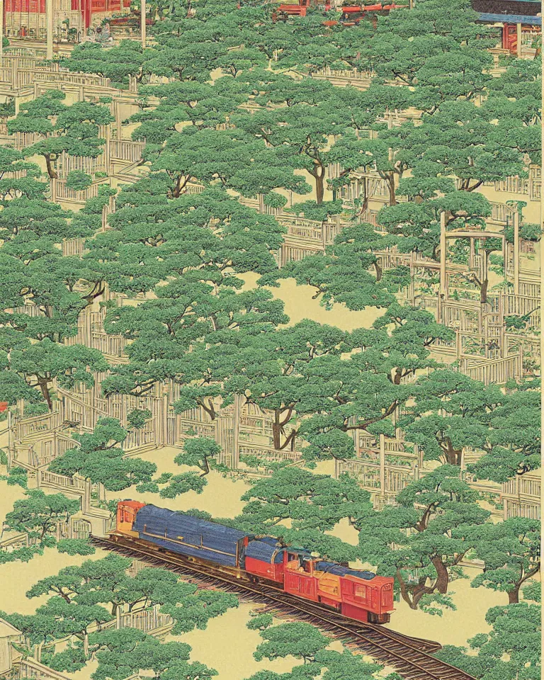 Prompt: close-up graphic poster of small model trains traversing a lush garden by Hasui Kawase.