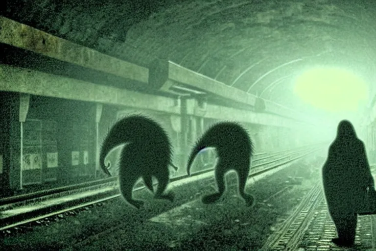 Image similar to very large giant mutant zombie irradiated ( angry rat ) staying on railways in tonnel of moscow subway. tonnel, railways, giant angry rat, furr, fangs, claws, very realistic. fog, silent hill style, extreme long shot, herman nitsch, giger.