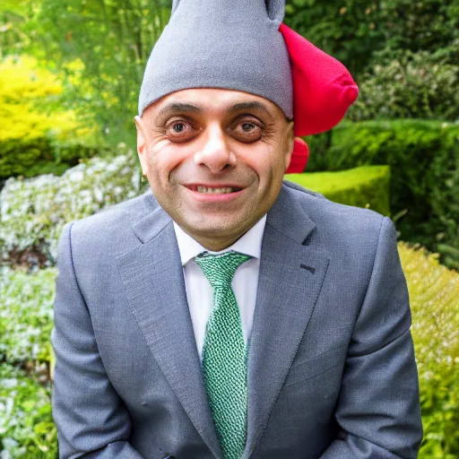 Prompt: A high-quality photo of Sajid Javid as a garden gnome, m.zuiko 75mm, f 1.8, 1/400, RAW, unedited, 8K, high quality,