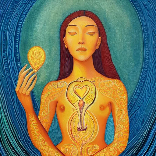 Image similar to a painting of a woman holding a glowing golden heart in the water, an acrylic on canvas painting by amanda sage and magali villenueve, louvre contest winner, gold foil