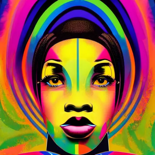 Image similar to closeup portrait of a black woman with yellow eyes and a rainbow background, digital art by tomokazu matsuyama, by ed paschke, behance contest winner, generative art, irridescent, retrowave, grain, androgynous, black background