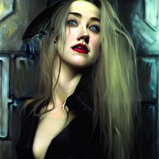 Image similar to hyperrealistic portrait of a woman as amber heard as a vampire witch in a black coat closing a window with a mysterious grin. by jeremy mann and alphonse mucha, fantasy art, photo realistic, dynamic lighting, artstation, poster, volumetric lighting, very detailed faces, 4 k, award winning