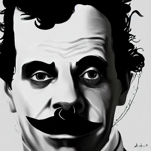 Image similar to jack dorsey as charlie chaplin, funny grimase, closeup, highly detailed, digital painting, artstation, sharp focus