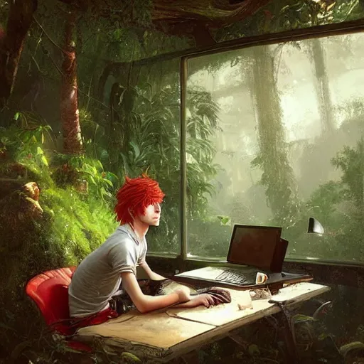 Prompt: a red-haired long-haired teenage boy sitting at a computer, jungle around him, painting by Greg Rutkowski, smooth sharp focus, point of view from behind him