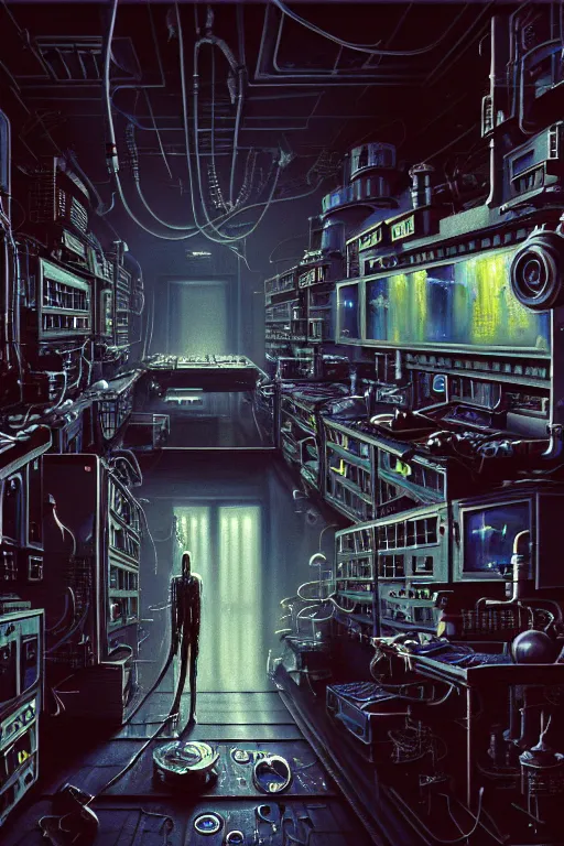 Prompt: a highly detailed painting of a mad scientist laboratory on halloween, 1 9 8 0 s science fiction, 1 9 7 0 s science fiction, alien 1 9 7 9, cyberpunk, 3 d oil painting, depth perception, 4 k, artstation