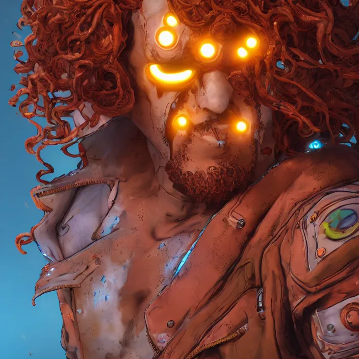 Image similar to glowwave portrait of curly orange hair man from borderlands 3, au naturel, hyper detailed, digital art, trending in artstation, cinematic lighting, studio quality, smooth render, unreal engine 5 rendered, octane rendered, art style by klimt and nixeu and ian sprigger and wlop and krenz cushart.