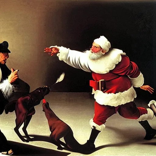 Prompt: Father Christmas throwing a bone for a greyhound to chase. Painted by Caravaggio