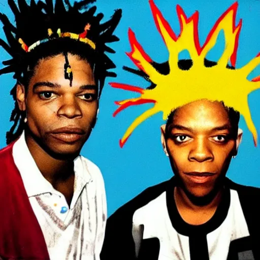 Image similar to kurt cobain and basquiat wearing a painted basquiat crown photorealistic