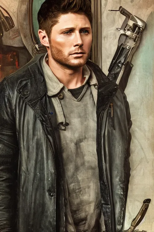 Image similar to a detailed matte portrait of an jensen ackles dressed as dean from the gilmore girls, masterpiece, 8 k, art by alphonse mucha and greg rutkowski