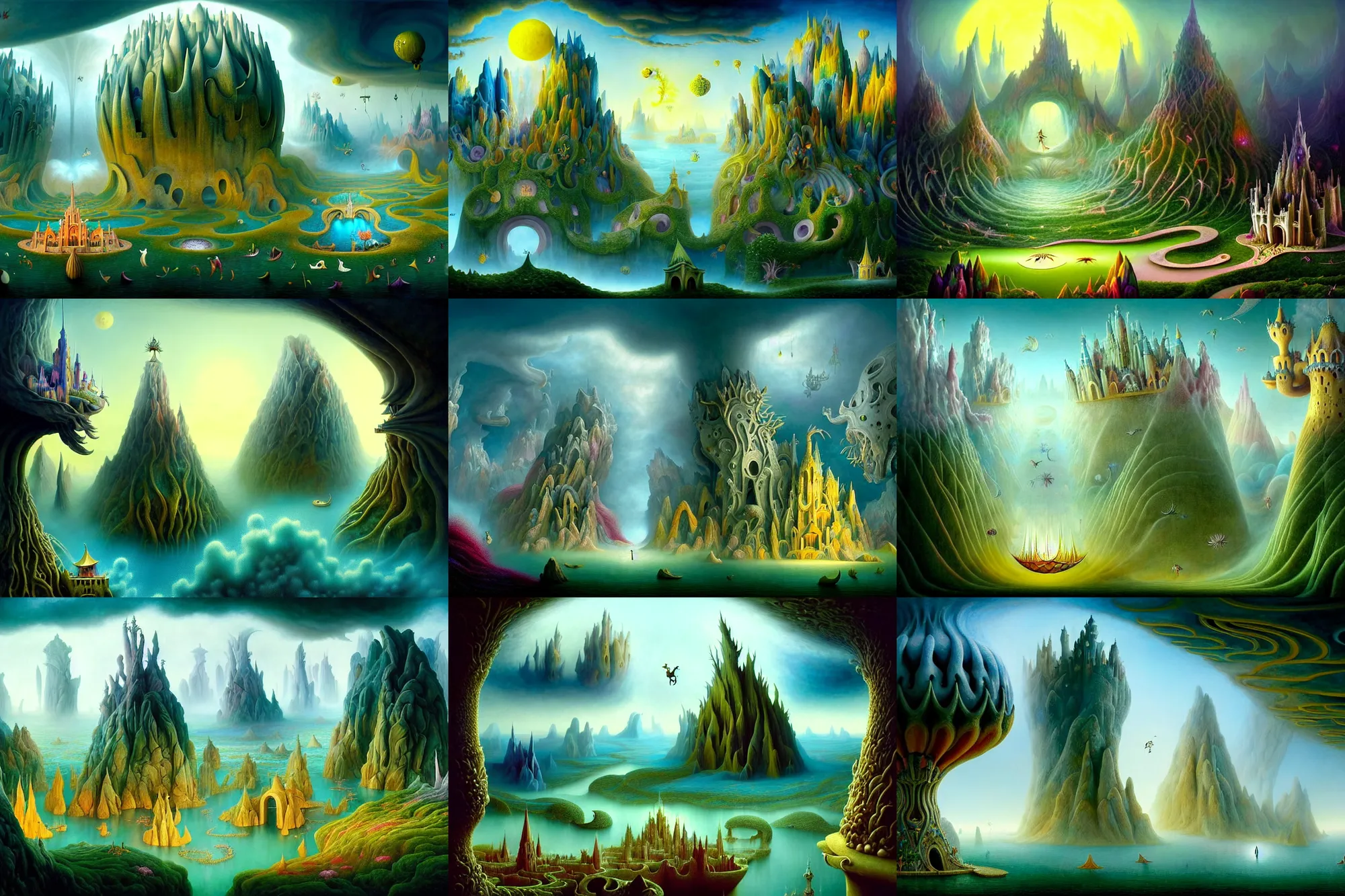 Prompt: a beguiling epic stunning beautiful and insanely detailed matte painting of windows into dream worlds with surreal architecture designed by Heironymous Bosch, dream world populated with mythical whimsical creatures, mega structures inspired by Heironymous Bosch's Garden of Earthly Delights, vast surreal landscape and horizon by Cyril Rolando and Kim Keever and Andrew Ferez, masterpiece!!!, grand!, imaginative!!!, whimsical!!, epic scale, intricate details, sense of awe, elite, wonder, insanely complex, masterful composition!!!, sharp focus, fantasy realism, dramatic lighting