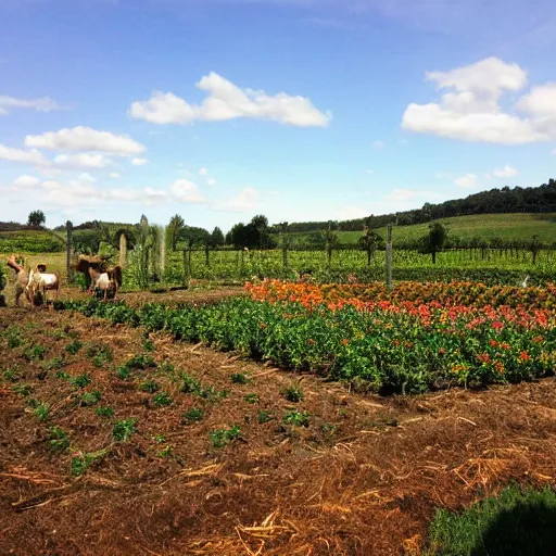 Prompt: biodynamic farm, beautiful, astrological features in the sky, vivid color schemes, rows of vegetable crops, grazing sheep, fruit trees