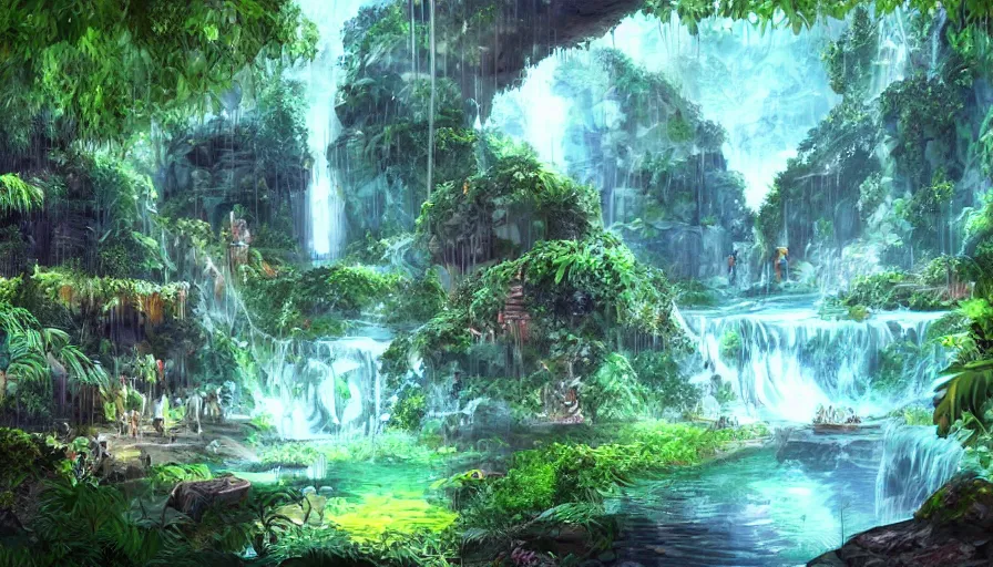 Image similar to concept art of a huge underground jungle cave with waterfalls, luminescent plants, colorful, high detailed, ultra realistic