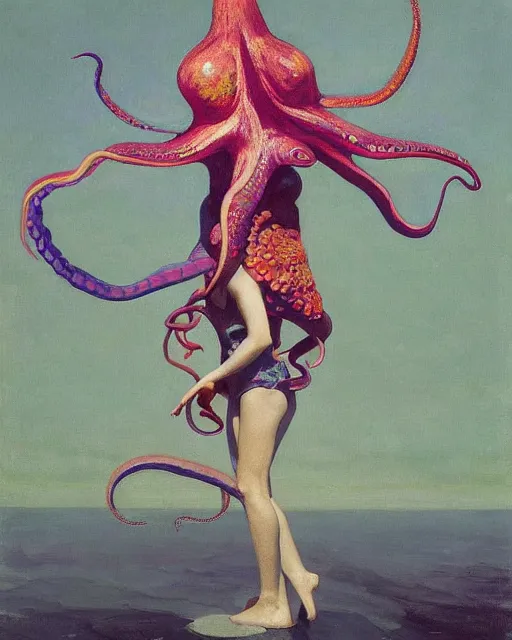 Image similar to a beautiful girl wearing a colourful octopus as a dress, painted by edgar maxence, edward hopper, wayne barlowe and james gilleard, airbrush, art by jamesjean