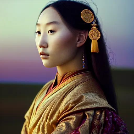 Image similar to photographic portrait of a stunningly beautiful renaissance mongol female in traditional dress in soft dreamy light at sunset, contemporary fashion shoot, by edward robert hughes, annie leibovitz and steve mccurry, david lazar, jimmy nelsson, breathtaking, 8 k resolution, extremely detailed, beautiful, establishing shot, artistic, hyperrealistic, beautiful face, octane render