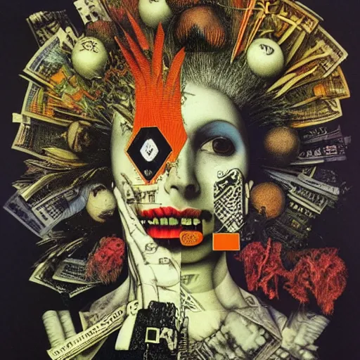 Image similar to post - punk new age album cover, asymmetrical design, dollar bank notes, capitalism, magic, apocalypse, psychedelic, black white, with a bit of colour, magic, giger h. r., giuseppe arcimboldo, peder aalto